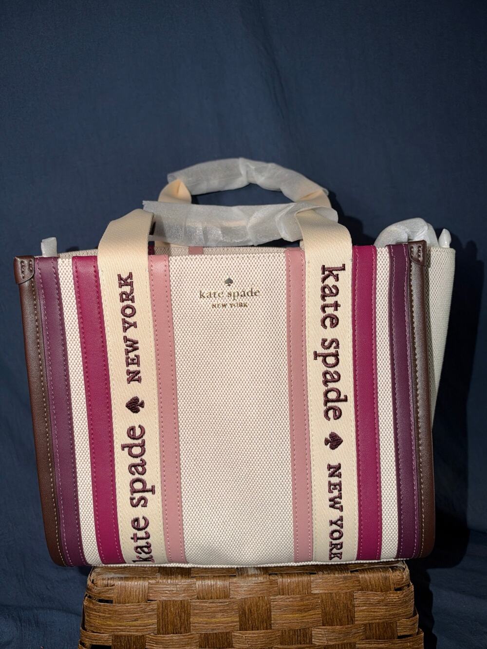 Kate Spade New York Canvas Stripe Medium Tote Deep Cherry NWT